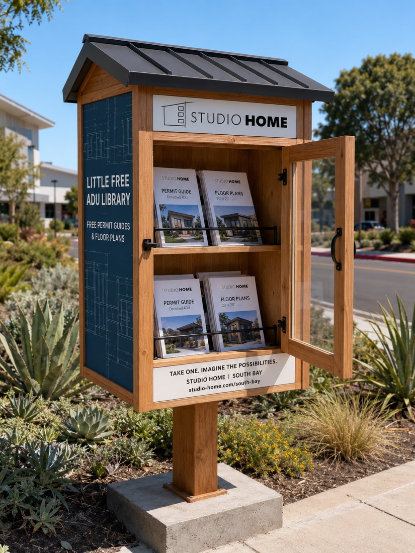 The Little ADU Library, a cedar cabinet with a metal gable roof on a post, door open showing two shelves of Studio Home permit guides and floor plan booklets, on a landscaped commercial frontage.