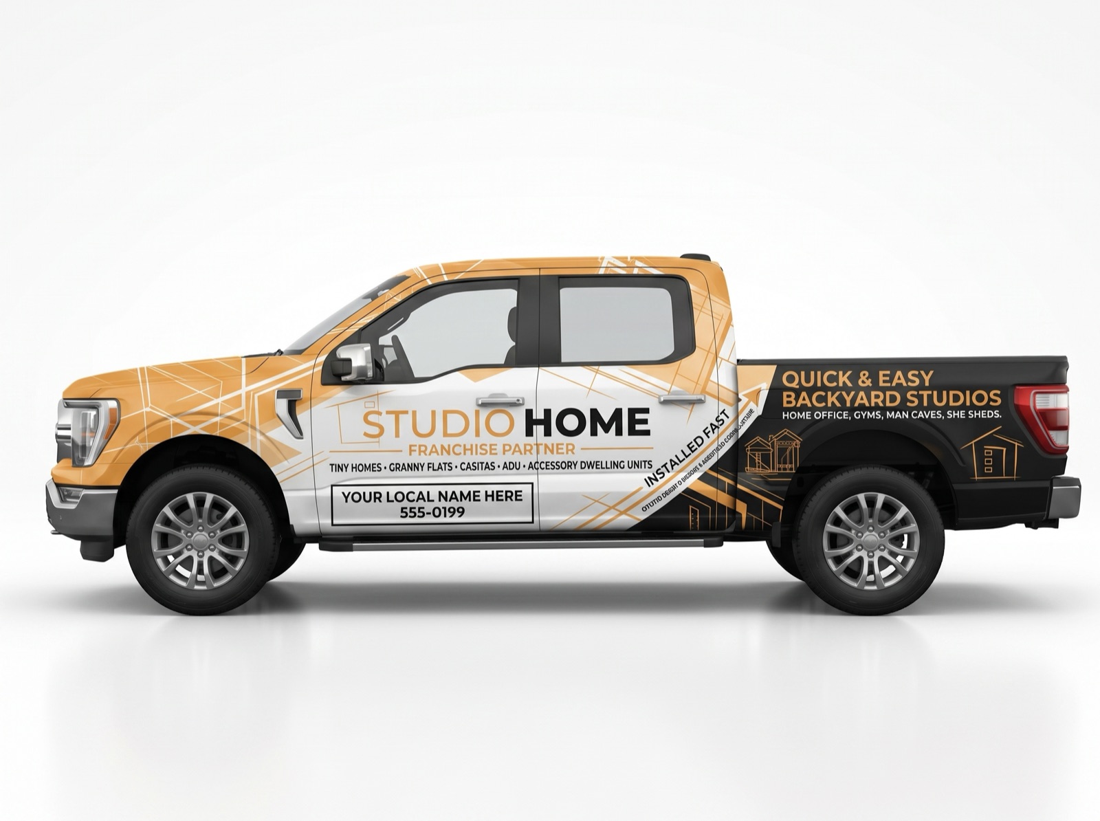 Side profile of the Studio Home franchise partner wrap on a Ford F-150, showing the door panel with a placeholder local business name and phone number.