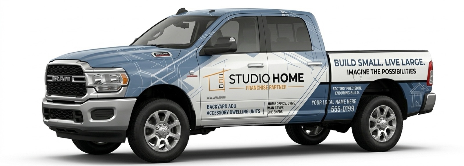 Studio Home franchise partner wrap on a RAM 2500 in blueprint blue and white with technical linework.