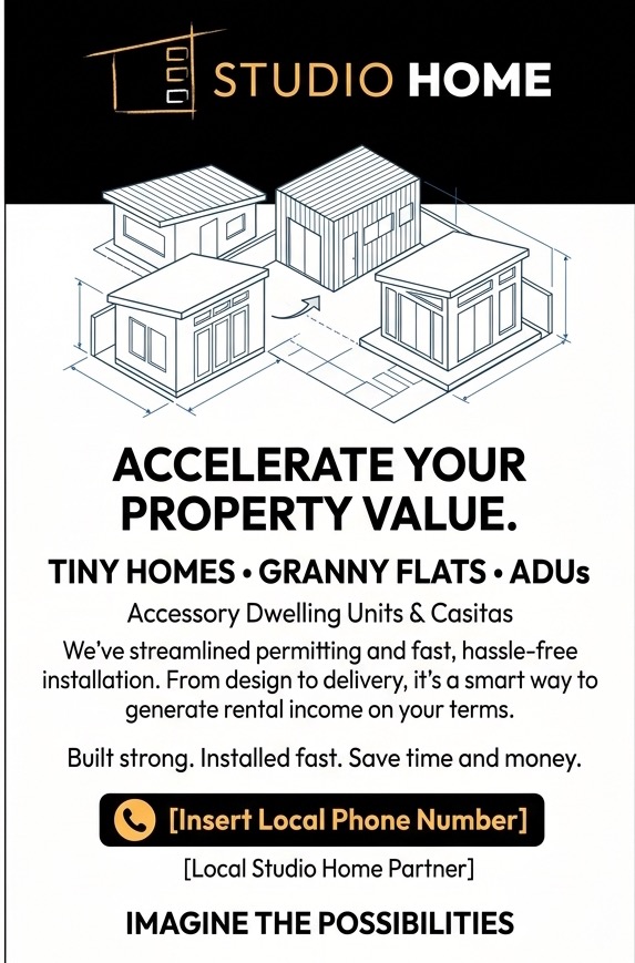 Studio Home direct mail postcard in black and white, headline Accelerate your property value., with an isometric line drawing of four ADU configurations.