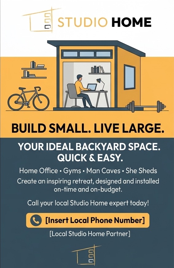 Studio Home direct mail postcard in topaz and blueprint, headline Build small. Live large., with an illustrated backyard office and a local phone number field.