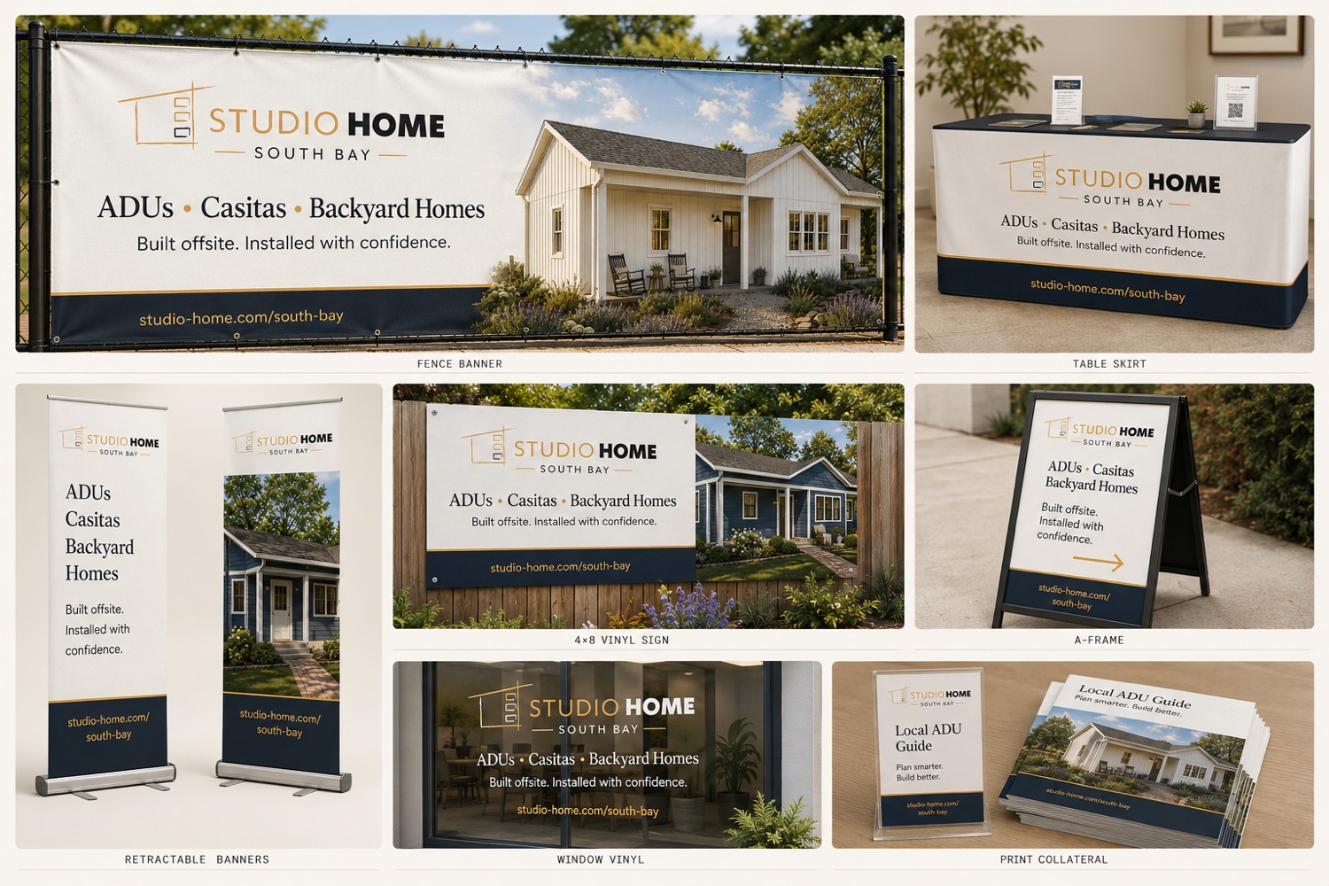 One Studio Home layout applied across seven substrates: fence banner, table skirt, retractable banners, four by eight vinyl sign, A-frame, storefront window vinyl and printed guide collateral.